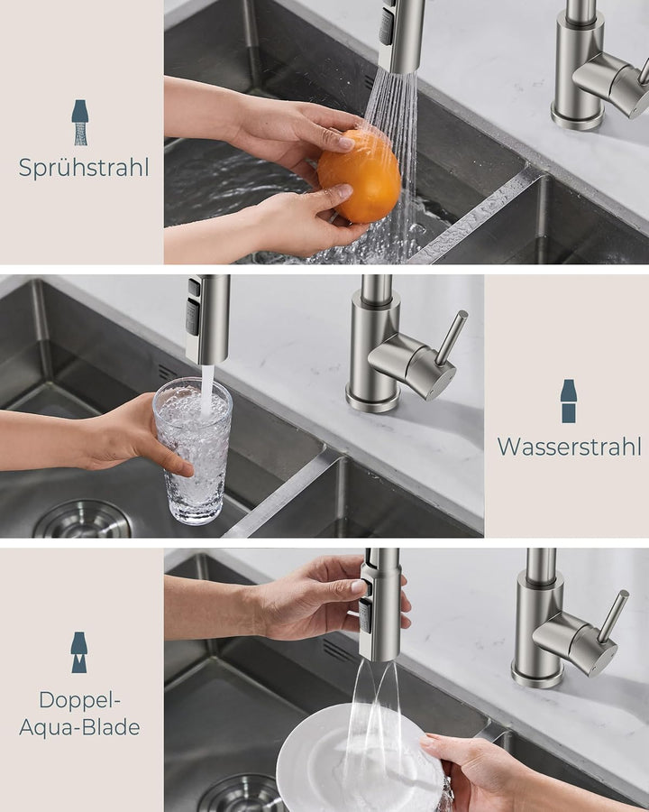 FORIOUS Wasserhahn Küche, Ausziehbare Küchenarmatur, Einhebel-Mischbatterie Küche mit 3 Strahlfunkti