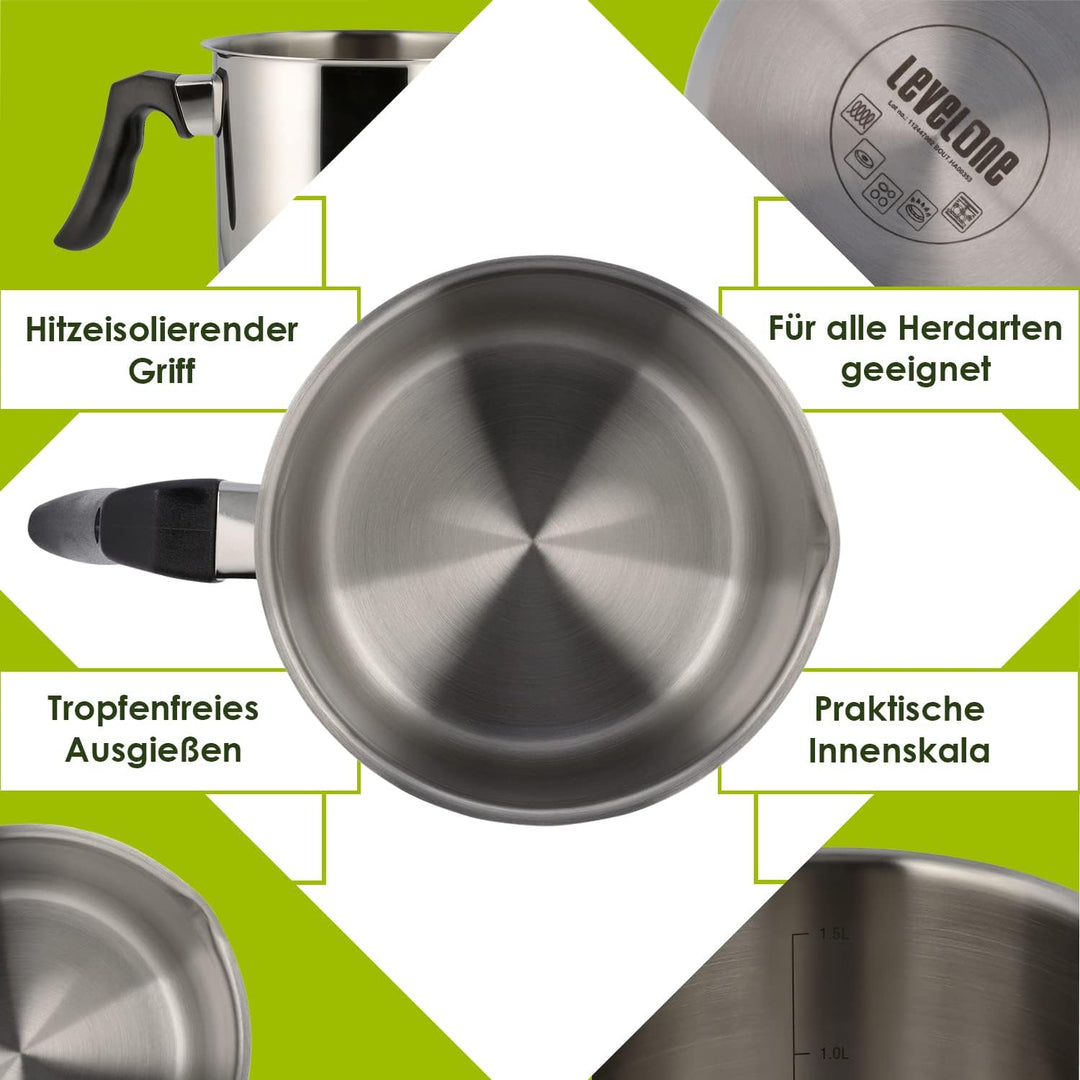 Level One Topf Kochtopf Milchtopf 14 cm Induktion, Edelstahl unbeschichtet | 12 cm hoher Rand, 1,5 L