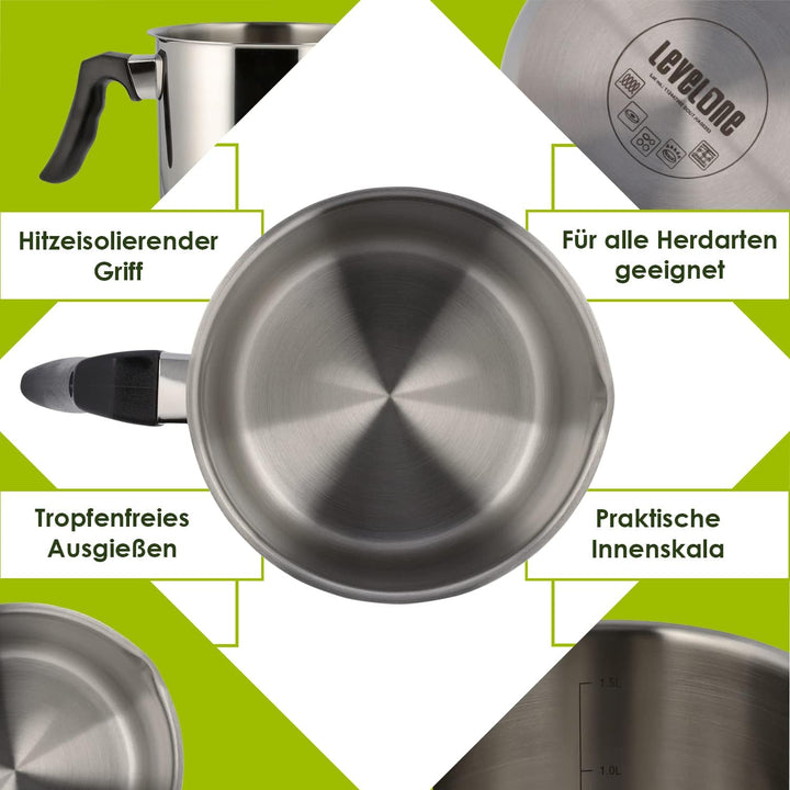 Level One Topf Kochtopf Milchtopf 14 cm Induktion, Edelstahl unbeschichtet | 12 cm hoher Rand, 1,5 L