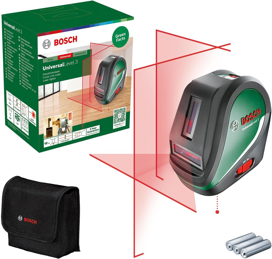 Bosch Kreuzlinienlaser UniversalLevel 3 (Laserkreuz mit zusätzlicher Vertikallinie im 90°-Winkel für