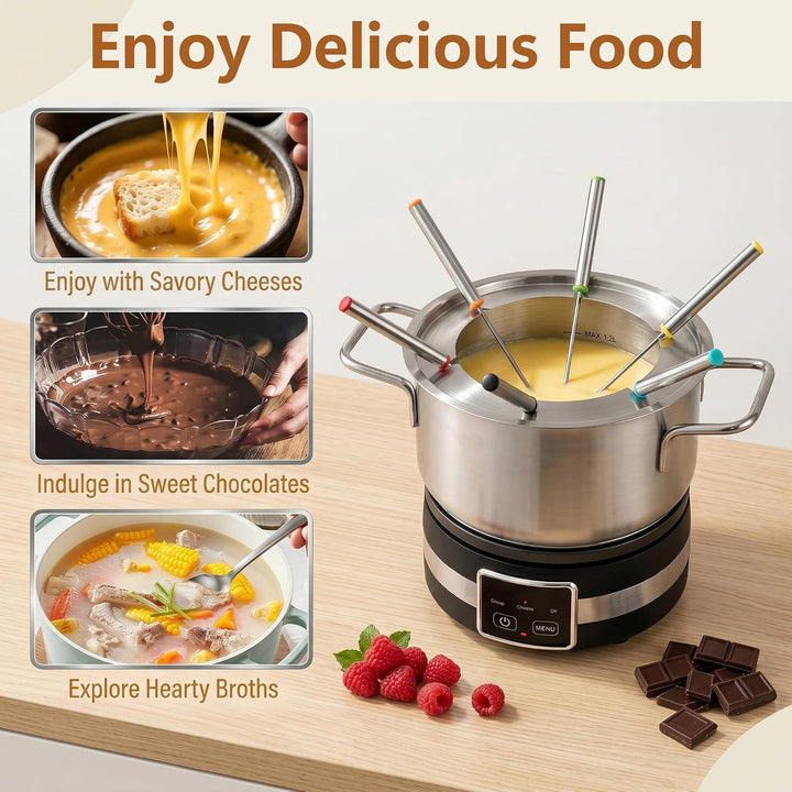 GIANTEX Elektrisches Fondue Set 1200W, 2,3L Edelstahl Fonduetopf inkl. 6 farbigen Gabeln, regelbares