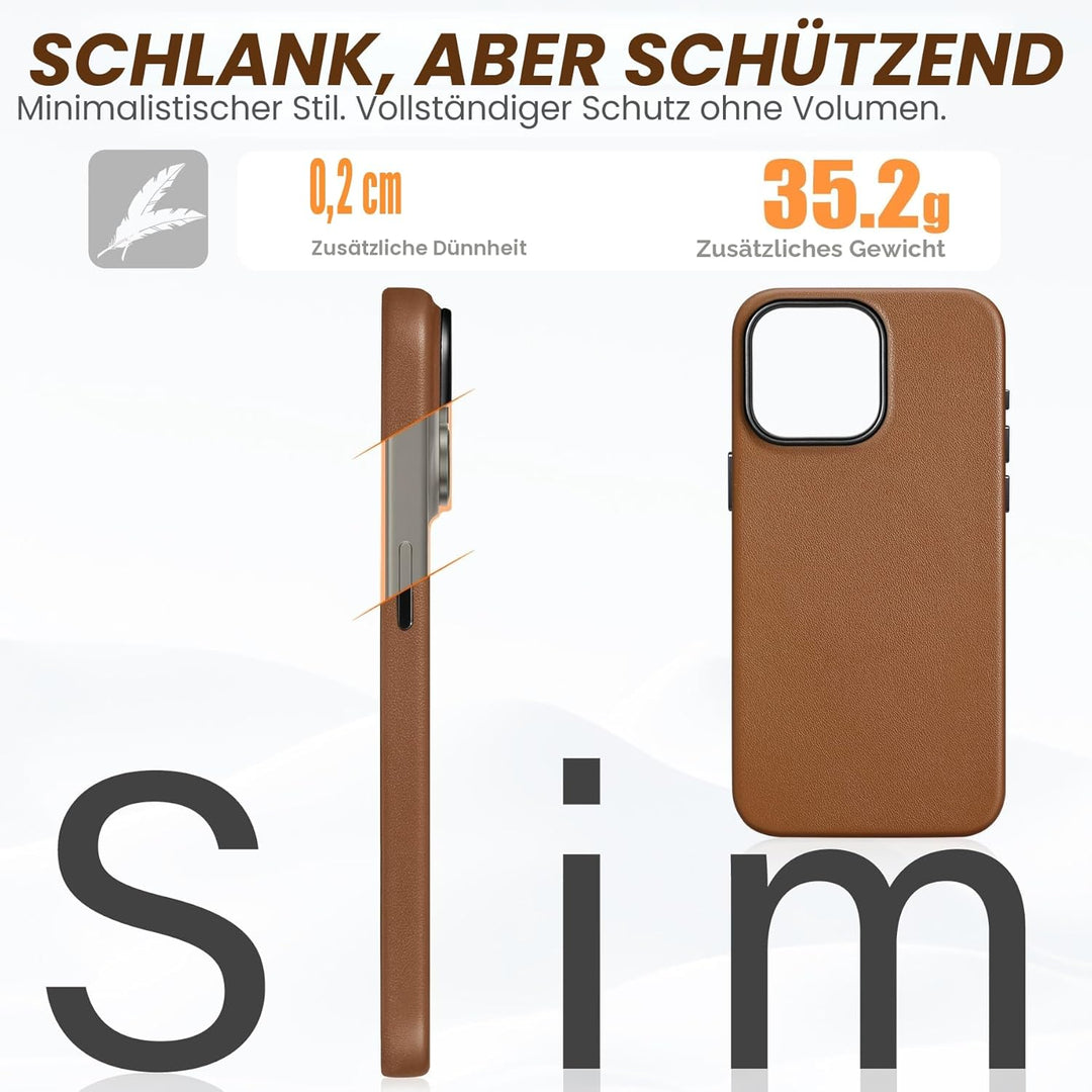 SHIELDON Hülle für iPhone 15 Pro Max Handyhülle Schutzhülle [Echtleder] [Kabellos Laden] [Elegant Au