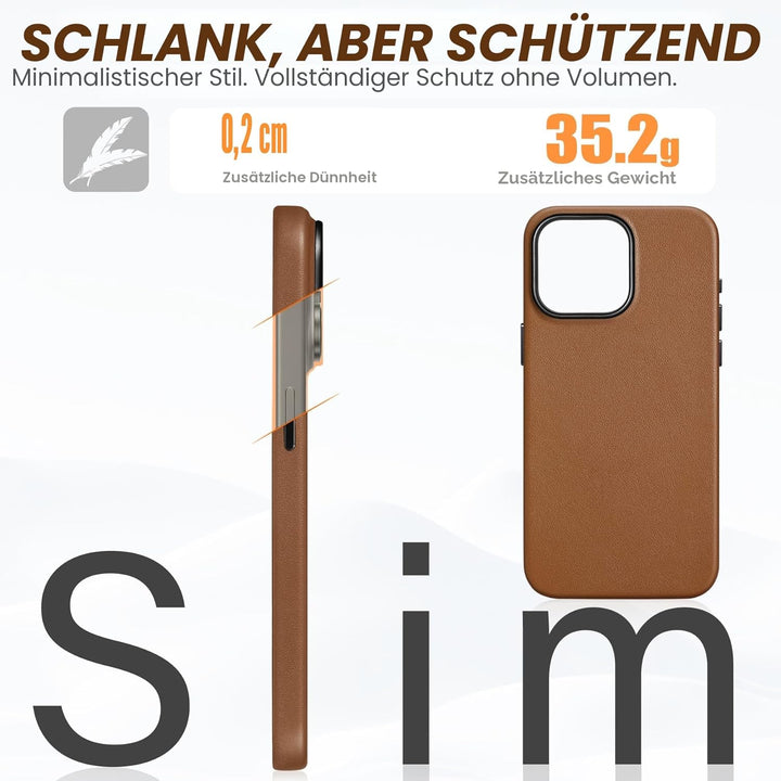 SHIELDON Hülle für iPhone 15 Pro Max Handyhülle Schutzhülle [Echtleder] [Kabellos Laden] [Elegant Au