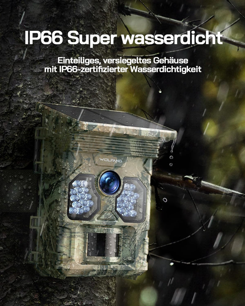 WOLFANG Solar Wildkamera 4K 48MP, Jagdkamera mit hervorragender Nachtsicht, Duale Stromversorgung, 0
