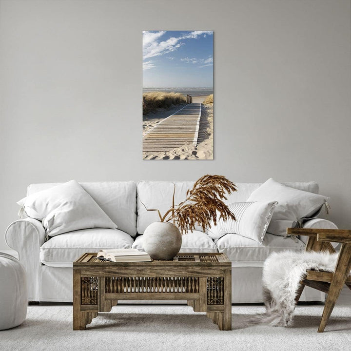 Bilder auf Leinwand 55x100cm Leinwandbild mit Rahmen Strand Meer Fussgängerbrücke Ufer Gross Wanddek
