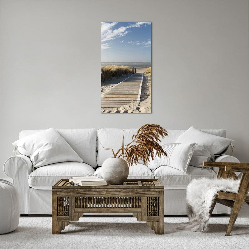 Bilder auf Leinwand 55x100cm Leinwandbild mit Rahmen Strand Meer Fussgängerbrücke Ufer Gross Wanddek