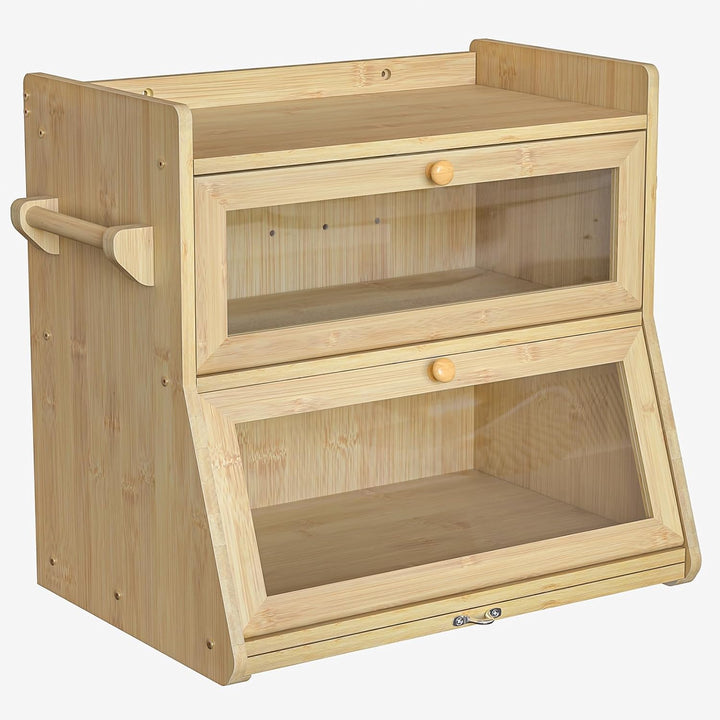 Brotkasten Bambus 2 Etagen, Bambus Brotkasten Holz mit Schneidebrett, Eco Brotbox Brotkorb mit Belüf