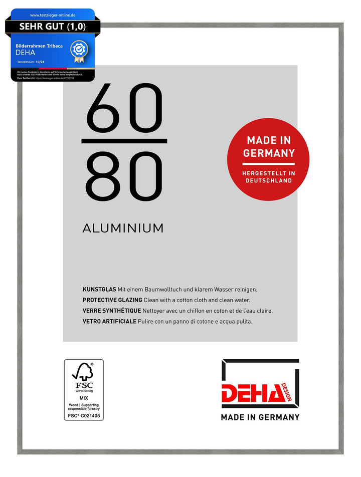 DEHA Design Bilderrahmen Tribeca, 60x80 cm, Aluminium Grau Matt, bruchsicheres Acrylglas, für Poster