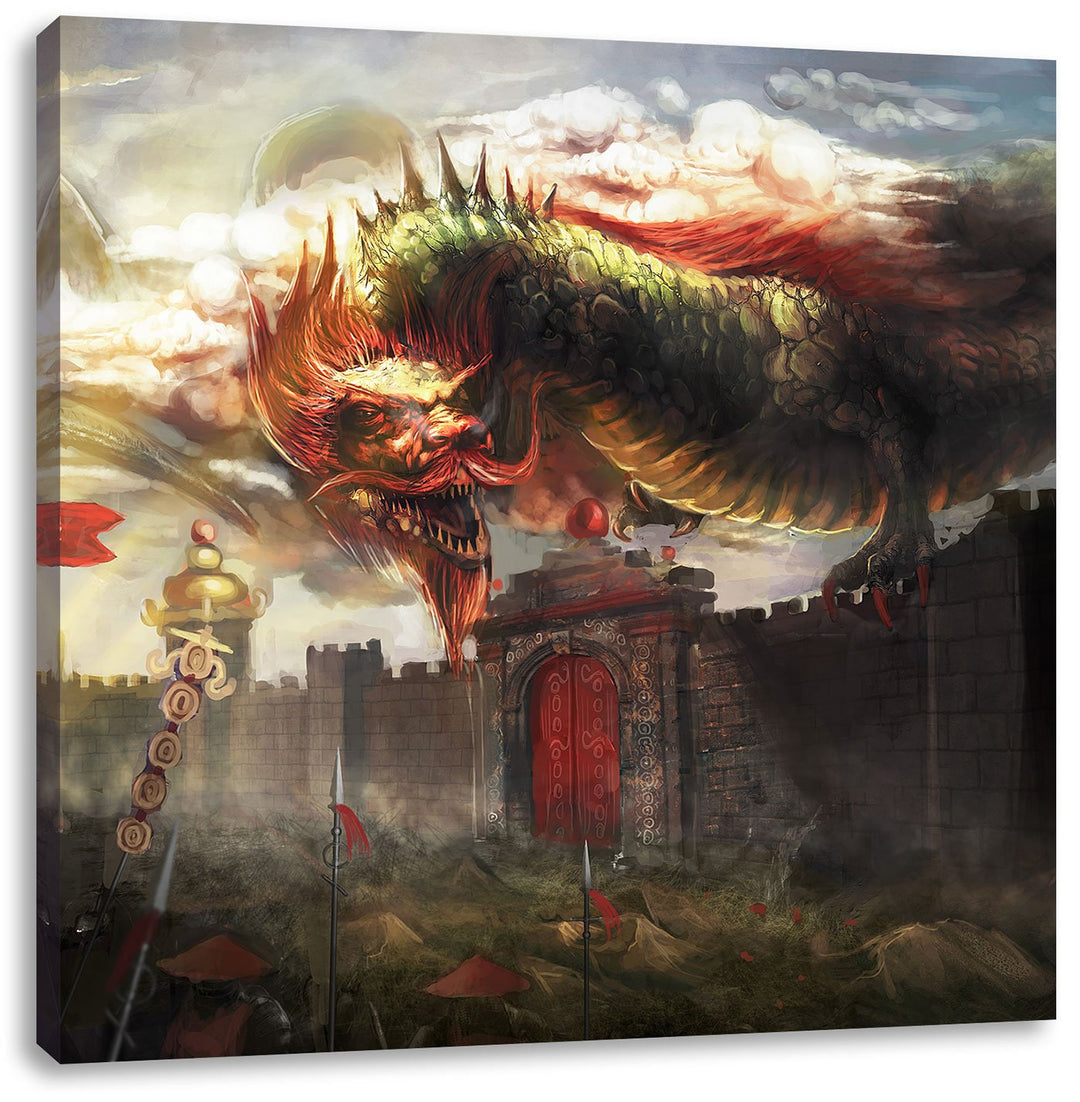 Pixxprint chinesischer Drache über der Festung, Format: 70x70 auf Leinwand, 70x70