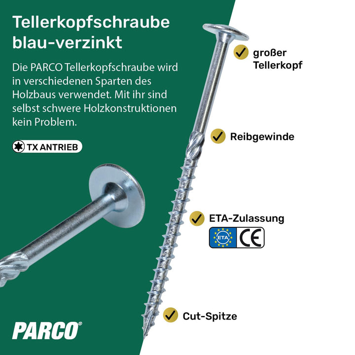 PARCO Tellerkopfschrauben 6 x 200 mm, 100 Stück TX30 Verzinkt, CUT-Spitze, Holzbauschrauben für Kons