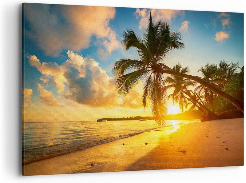 Bilder auf Leinwand 100x70cm Leinwandbild mit Rahmen Meer Strand Palme Gross Wanddeko Bild Schlafzim