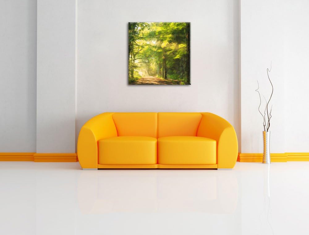 Pixxprint Waldweg im Frühling als Leinwandbild | Grösse: 70x70 cm | Wandbild | Kunstdruck | fertig b