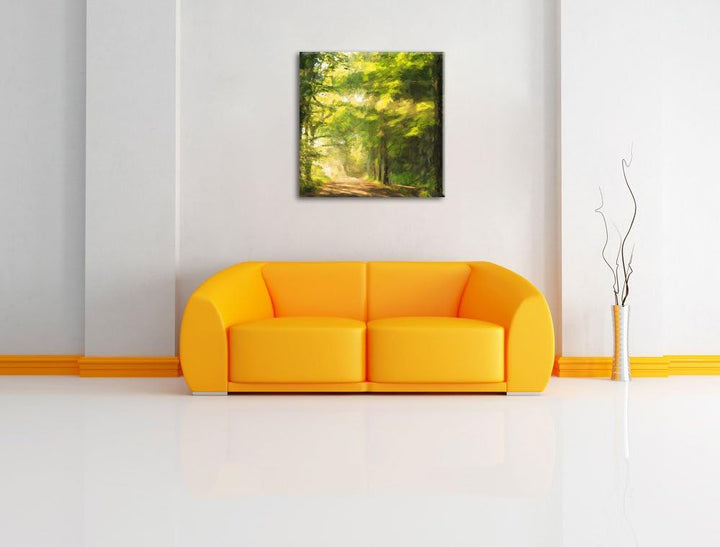 Pixxprint Waldweg im Frühling als Leinwandbild | Grösse: 70x70 cm | Wandbild | Kunstdruck | fertig b