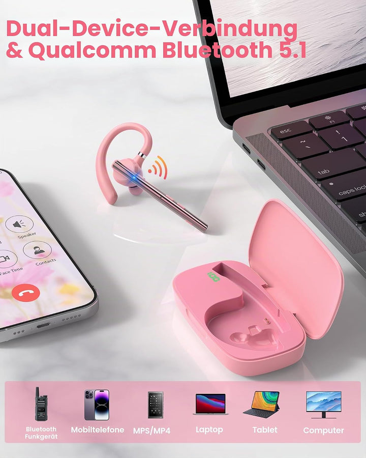 New Bee Bluetooth Headset mit 72h Spielzeit Bluetooth V5.1 Freisprech Headset Handy mit LED Ladecase