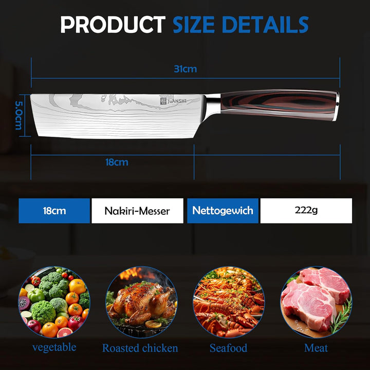 JUANSHI® Profi Nakiri Messer 18 cm klinge- Asiatisches Messer Hochwertiges Edelstahl-Küchenmesser mi