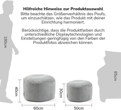 mokebo® Pouf, Hocker o. Sitzhocker aus Cord 40x60 cm 'Der Faule Lenz', Bodenkissen rund in Grau, Fus