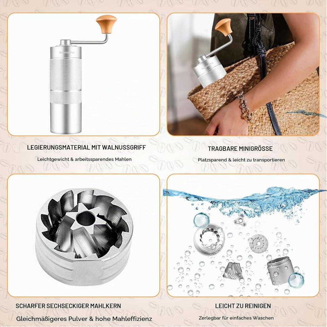 NewlukPro M6 Kaffeemühle Handbuch, Kapazität 25g, Hand Kaffeemühle Sharp Hexagonal Mahlkern, tragbar