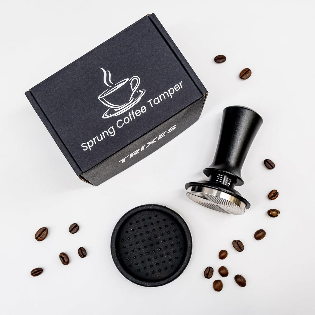 TRIXES Gefederter Kaffeestampfer mit Matte – verstellbarer Espresso-Tamper – Mattschwarz – Kaffeebrü