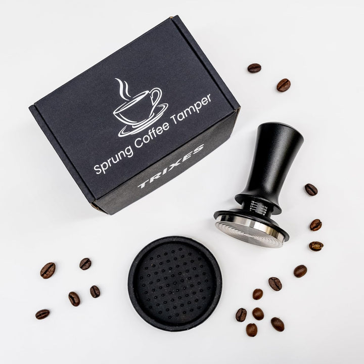 TRIXES Gefederter Kaffeestampfer mit Matte – verstellbarer Espresso-Tamper – Mattschwarz – Kaffeebrü