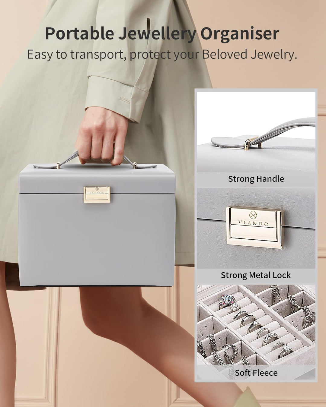 Vlando Schmuckkasten Jewelry Box mit 4 Ebenen, Schmuckschatulle Gross PU Leder, Schmuckkästchen mit