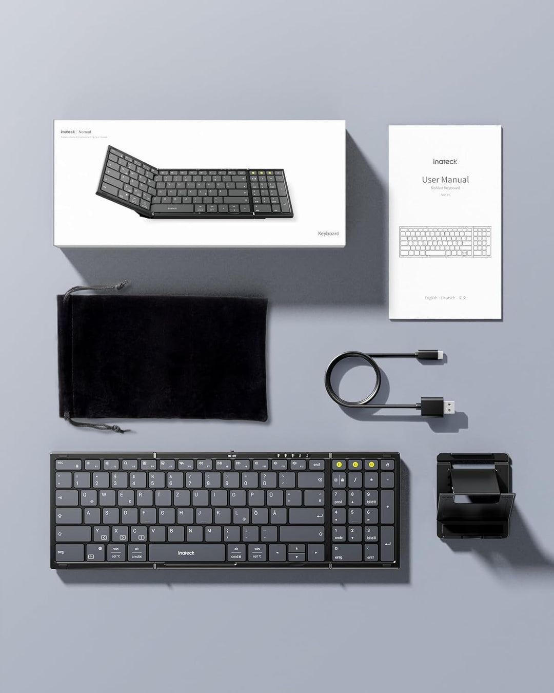 Inateck Faltbare Tastatur Kabellos,Klappbare Tastatur mit Ziffernblock mit 3 Kanälen,AI-Key,mit Stän