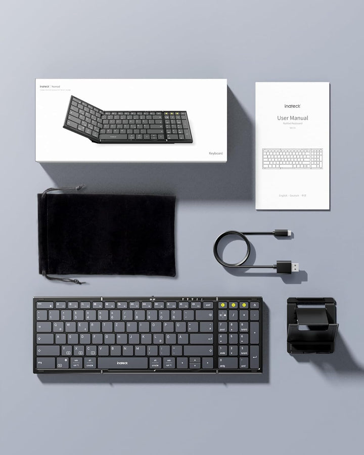 Inateck Faltbare Tastatur Kabellos,Klappbare Tastatur mit Ziffernblock mit 3 Kanälen,AI-Key,mit Stän