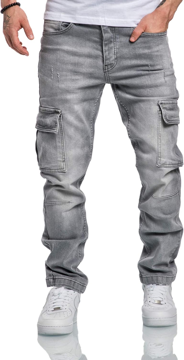 Amaci&Sons Herren Cargo Jeans Regular Slim Denim Hose Destroyed 7985 33W / 30L Hellgrau, 33W / 30L H