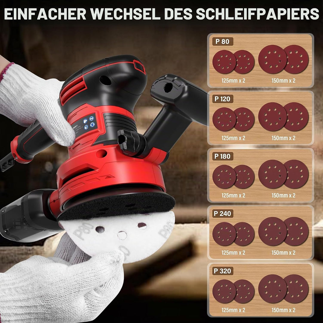 TEENO 450W Exzenterschleifer mit 6 Geschwindigkeiten, 13.000 U/min,Ø125/150mm Teller, 20 Schleifsche
