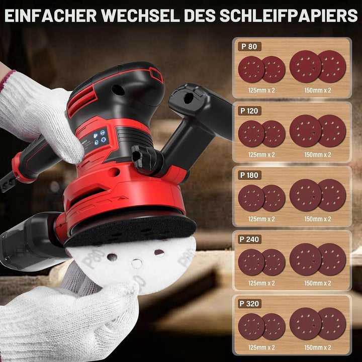 TEENO 450W Exzenterschleifer mit 6 Geschwindigkeiten, 13.000 U/min,Ø125/150mm Teller, 20 Schleifsche