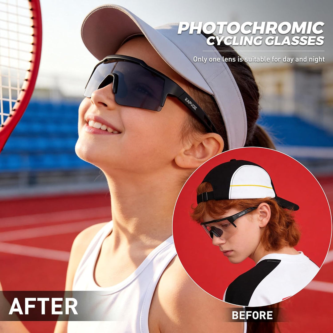 KAPVOE Kinder Fahrradbrille selbsttönend UV400, leichte Sportsonnenbrille mit photochromatischen Glä