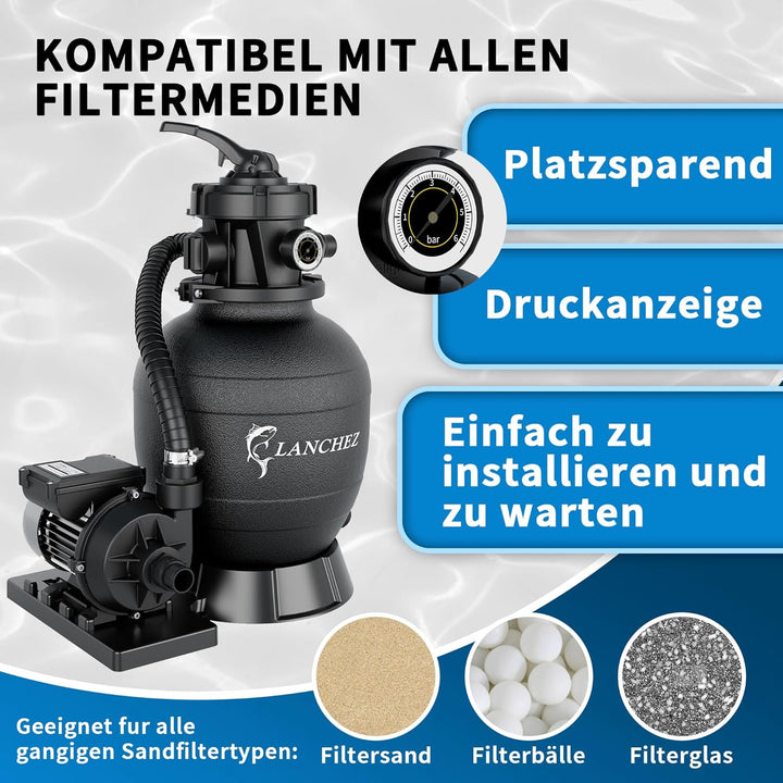 LANCHEZ Sandfilteranlage 9.000 L/h, 7-Wege-Ventil, 200g Filterbälle, Sandfilterkessel für Pool, Tank