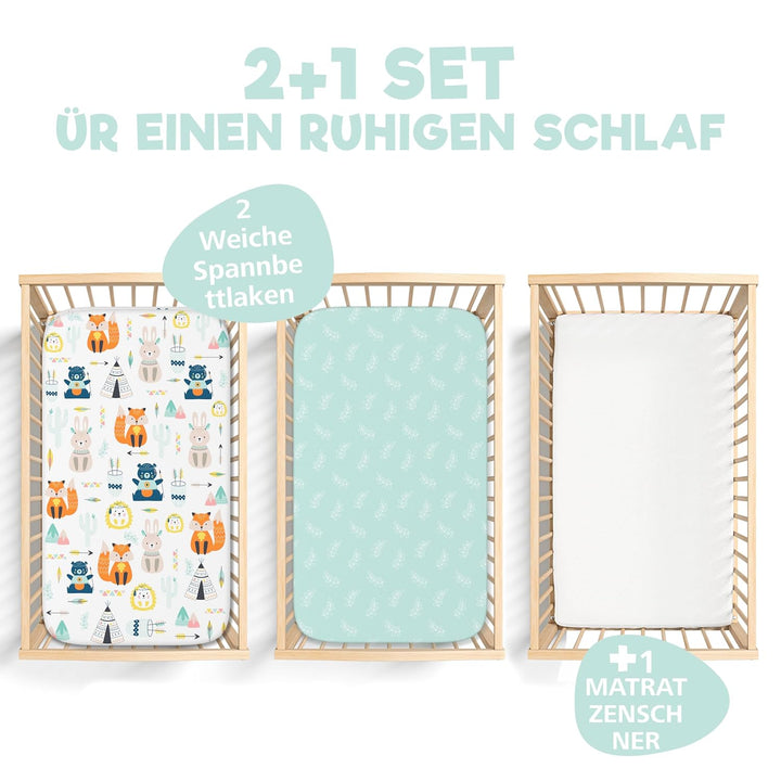 Sweety Fox 2X Spannbettlaken aus 100% Baumwolle mit Gummiband - 1X Matratzenschoner aus 100% wasserd
