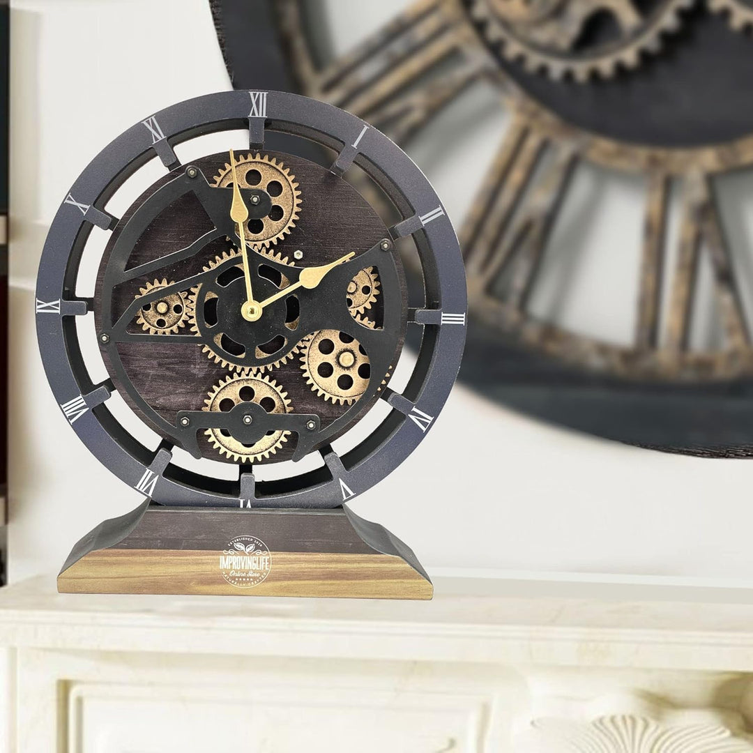Schreibtischuhr 25,4 cm mit echten beweglichen Zahnrädern, umwandelbar in Wanduhr (Vintage-Schwarz)
