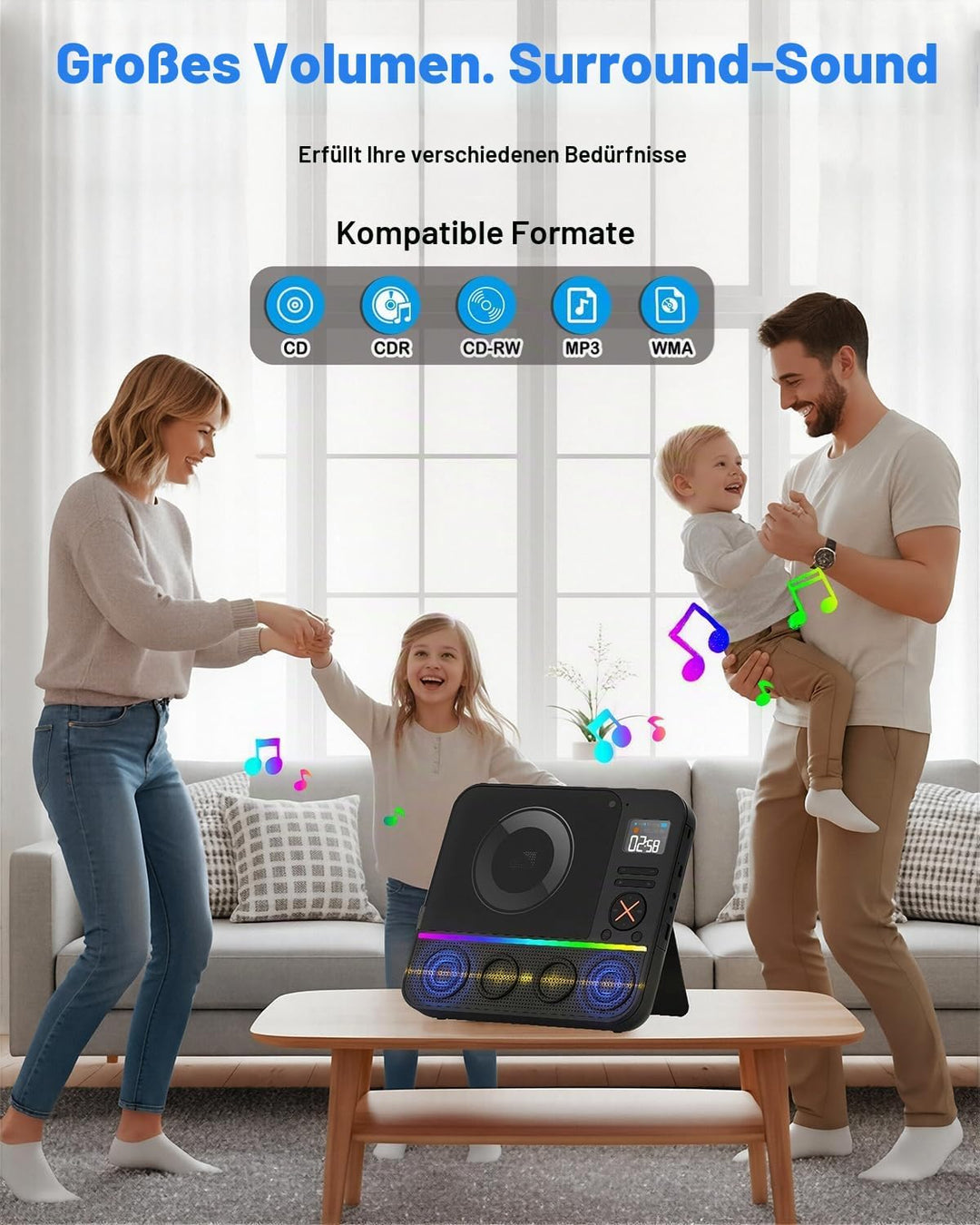 Tragbarer CD Player Bluetooth, Boombox Desktop CD-Player mit Bluetooth FM-Radio und RGB LED-Anzeige