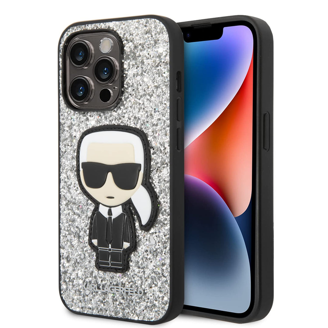 Karl Lagerfeld KLHCP14LGFKPG Hülle für iPhone 14 Pro 6,1" hardcase Silber/Silver Glitter Flakes Ikon