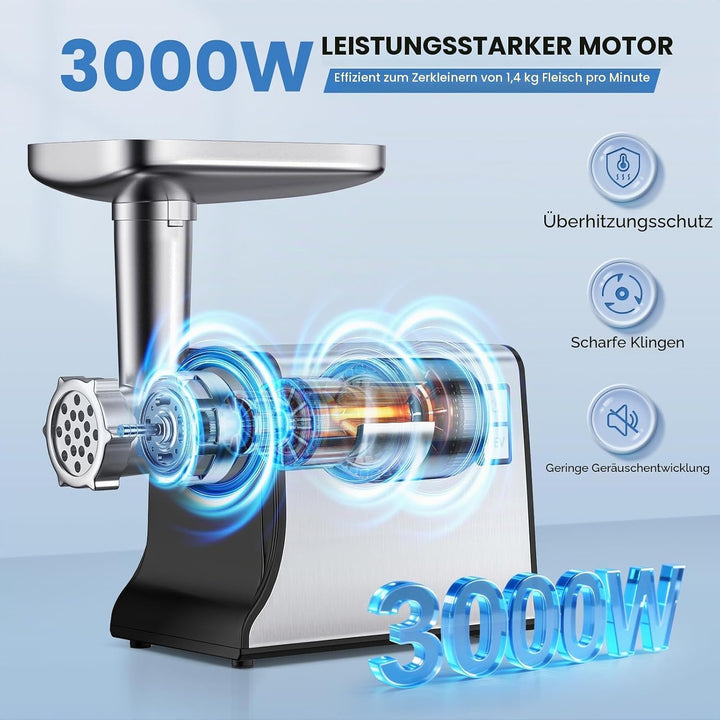 Elektrischer Fleischmäler, Multifunktional-Fleischmäler mit 3 Schneidplatten, 3 Klingen, Kubbe-Kit u