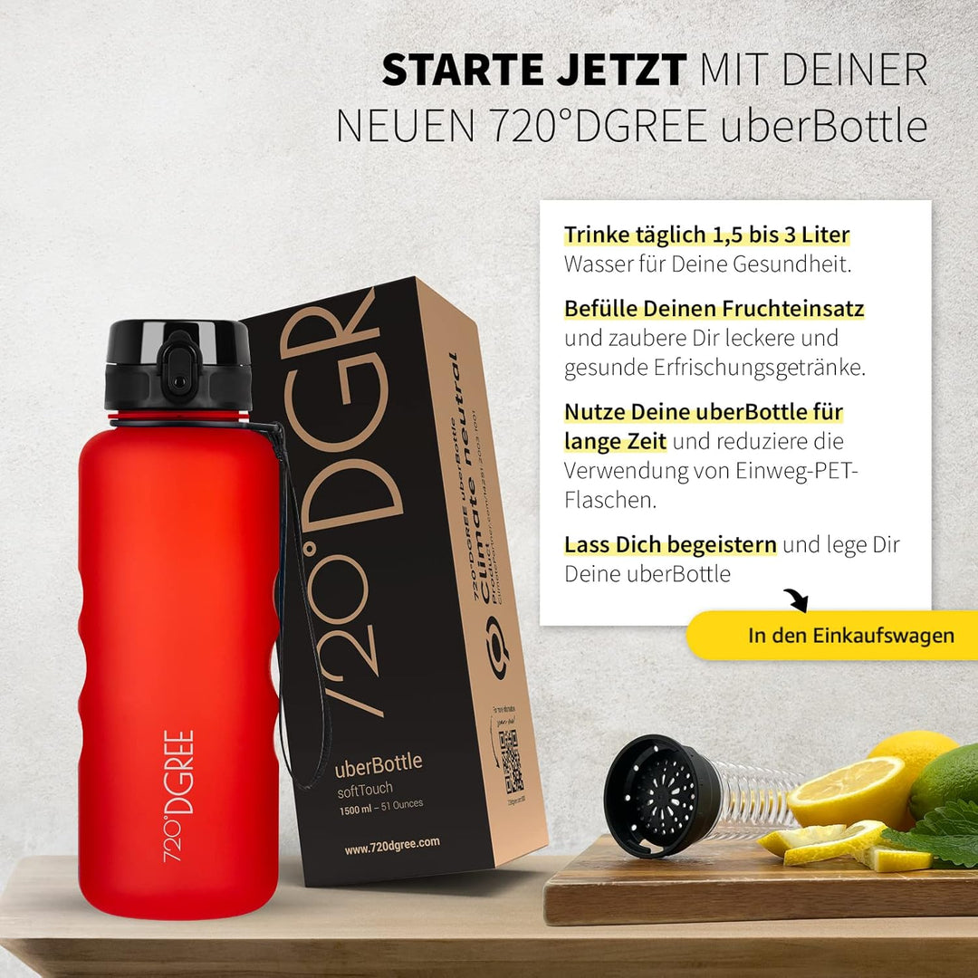 720°DGREE Trinkflasche “uberBottle“ 350ml, 500ml, 650ml, 1l softTouch +Früchtebehälter - Auslaufsich