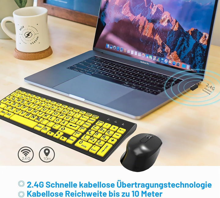 Kabellose Tastatur und Maus Set mit Grossen Buchstaben (Deutsches QWERTZ) für Senioren &amp; Sehbehinder