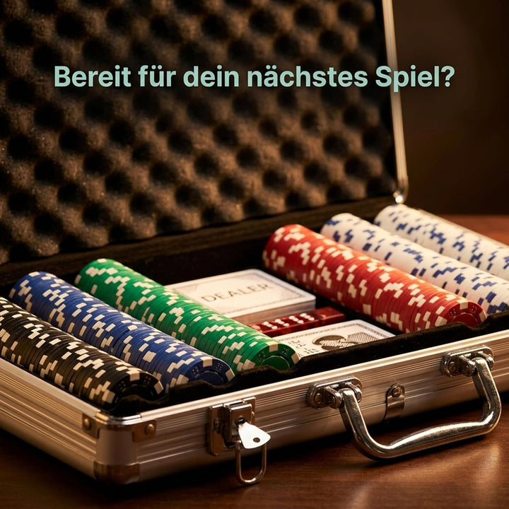 Relaxdays Pokerkoffer, 300 Laser Pokerchips, 2 Kartendecks, 5 Würfel, Dealer Button, Aluminiumkoffer