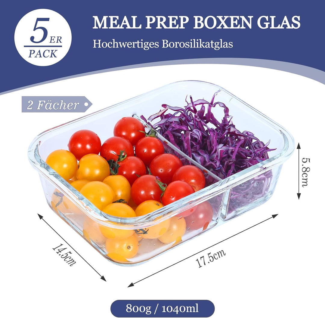 Glasbehälter mit Deckel Meal Prep Boxen Glas 2 Fächer (5Stück, 1040ml) Meal Prep Boxen Glas mit Tren
