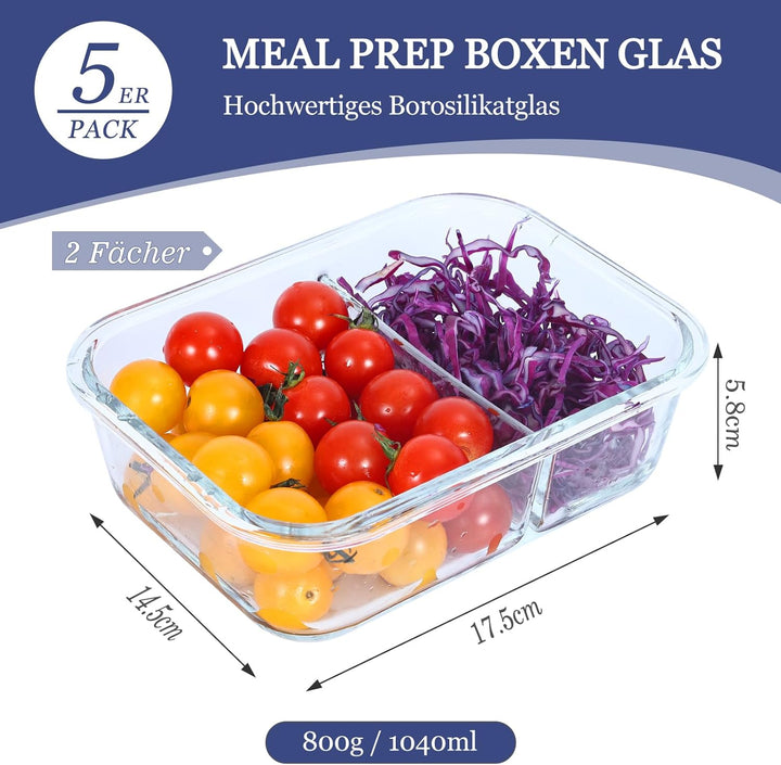 Glasbehälter mit Deckel Meal Prep Boxen Glas 2 Fächer (5Stück, 1040ml) Meal Prep Boxen Glas mit Tren