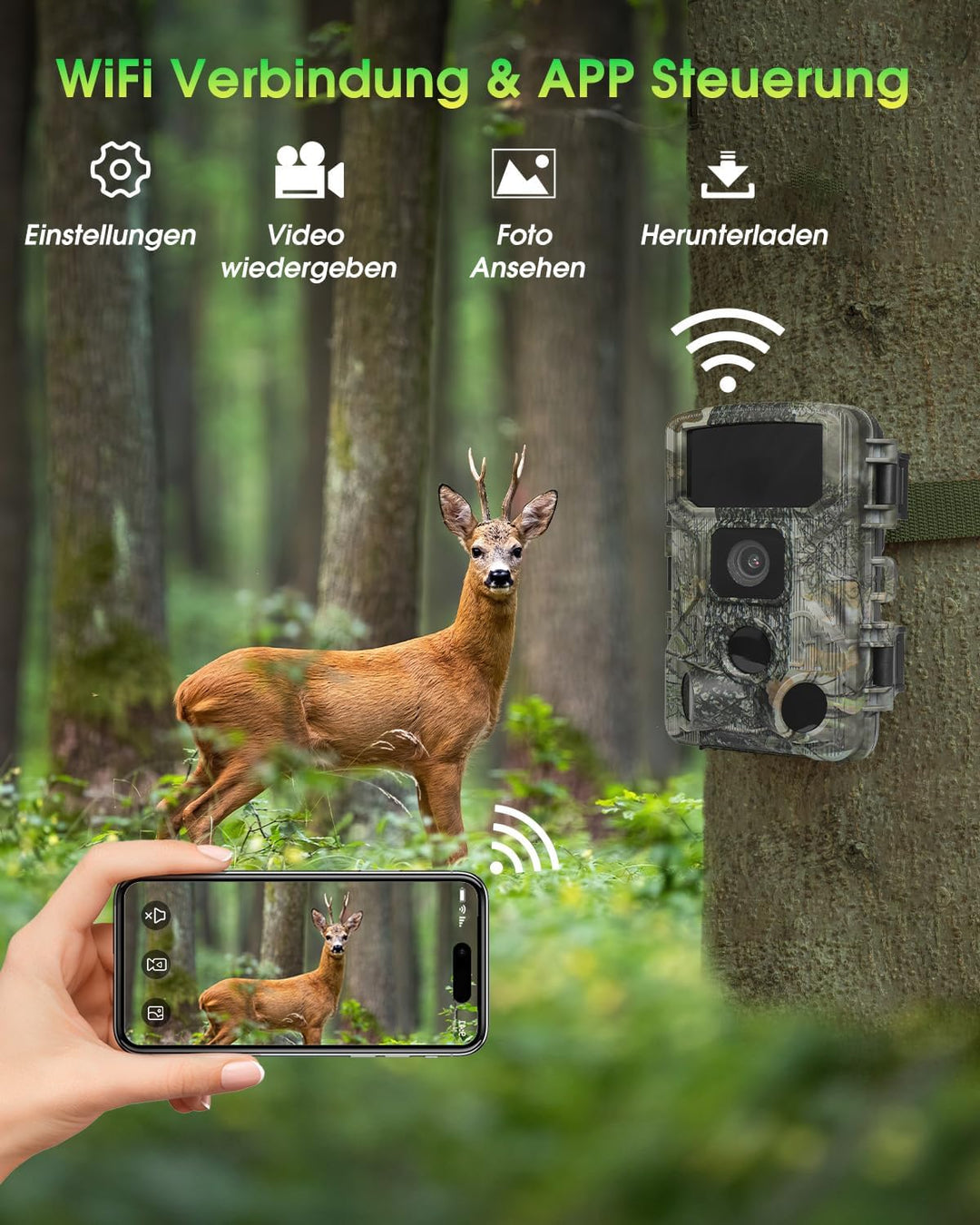 KJK Wildkamera WLAN 2.7K 64MP mit 64GB SD Karte, Wildtierkamera mit Nachtsicht, 0.05s Auslöser Beweg
