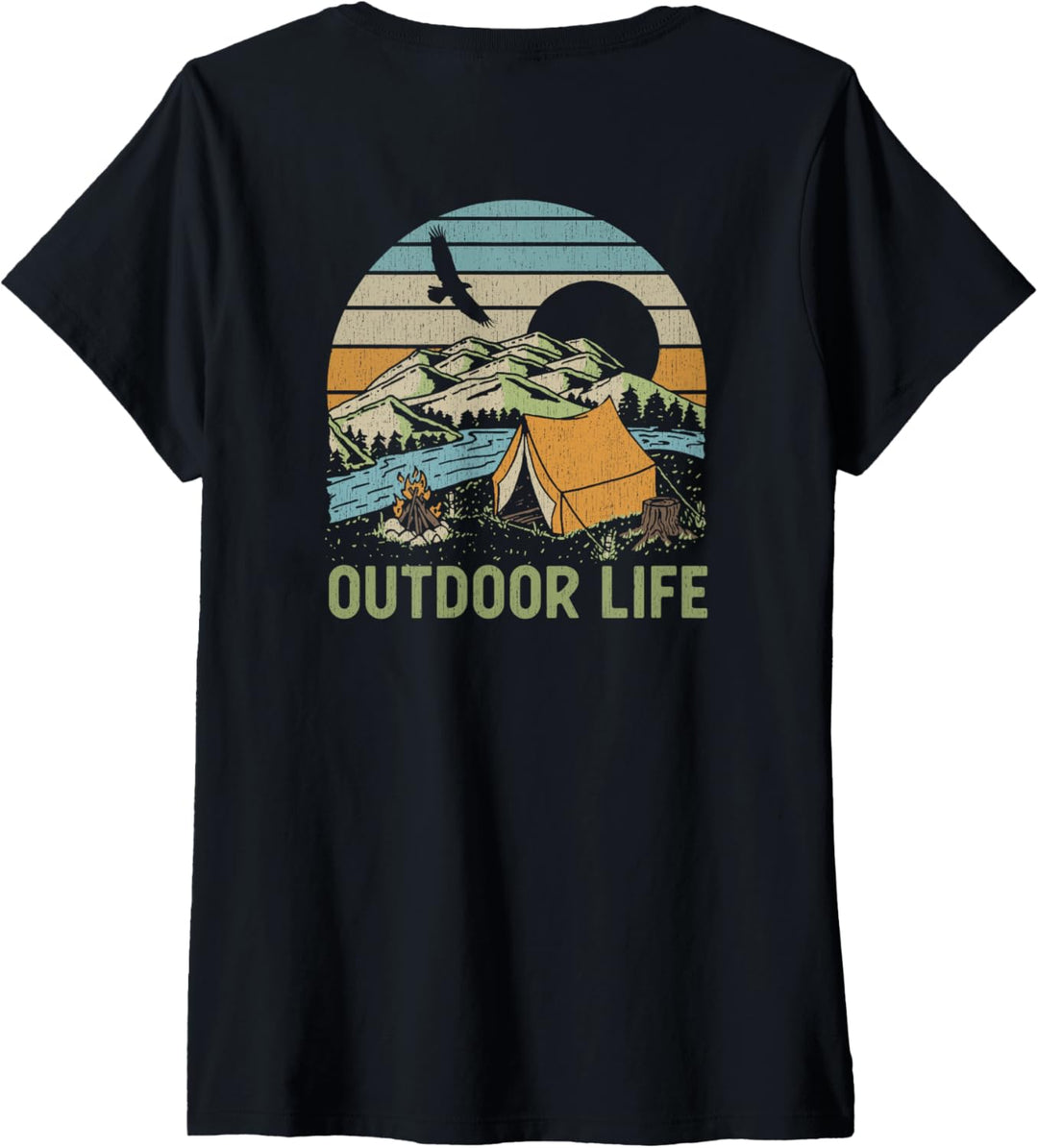 Damen Trendy Outdoor Life Sunset Camp Life Front & Back T-Shirt mit V-Ausschnitt