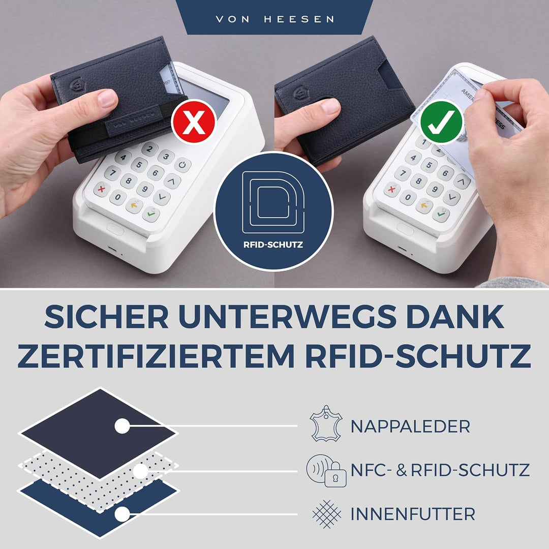 VON HEESEN Slim Wallet mit XL Münzfach & RFID-Schutz - Leder Geldbeutel - Mini Geldbörse für Herren