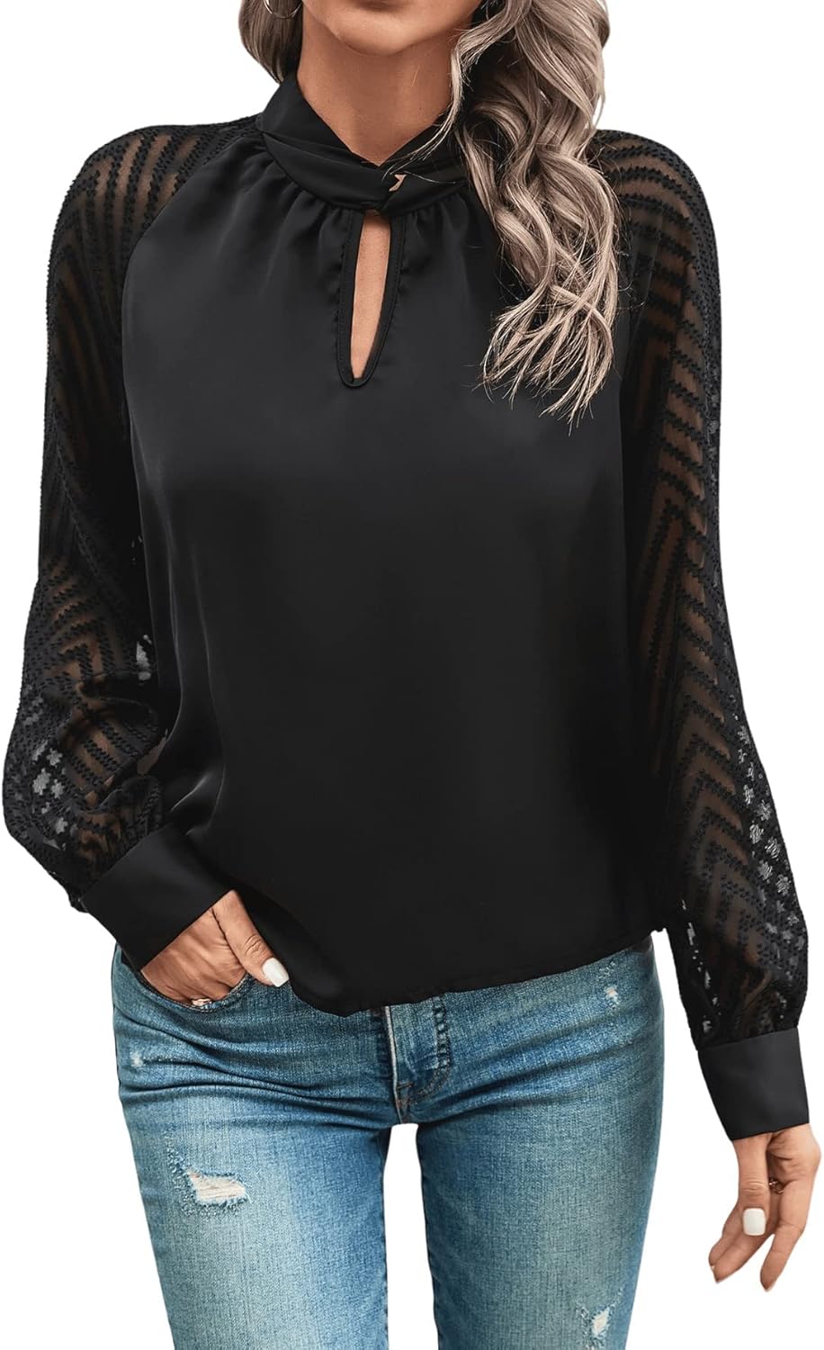 GORGLITTER Damen Blusen Elegant Mesh Raglanärmel Oberteil Hemdbluse Langarmshirt mit Chevron Mesh XL