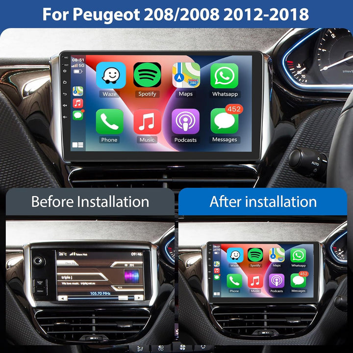 Podofo Autoradio für Peugeot 208/2008 2012-2018 mit Wireless Carplay Android Auto, 10.1 Zoll IPS Tou
