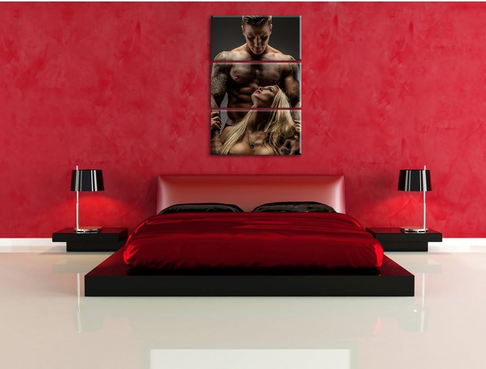 Pixxprint Sexy Frau mit tätowiertem Mann / 3-Teilig/Gesamtmass 120cm Leinwandbild bespannt auf Holzr