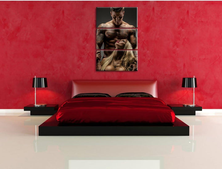 Pixxprint Sexy Frau mit tätowiertem Mann / 3-Teilig/Gesamtmass 120cm Leinwandbild bespannt auf Holzr