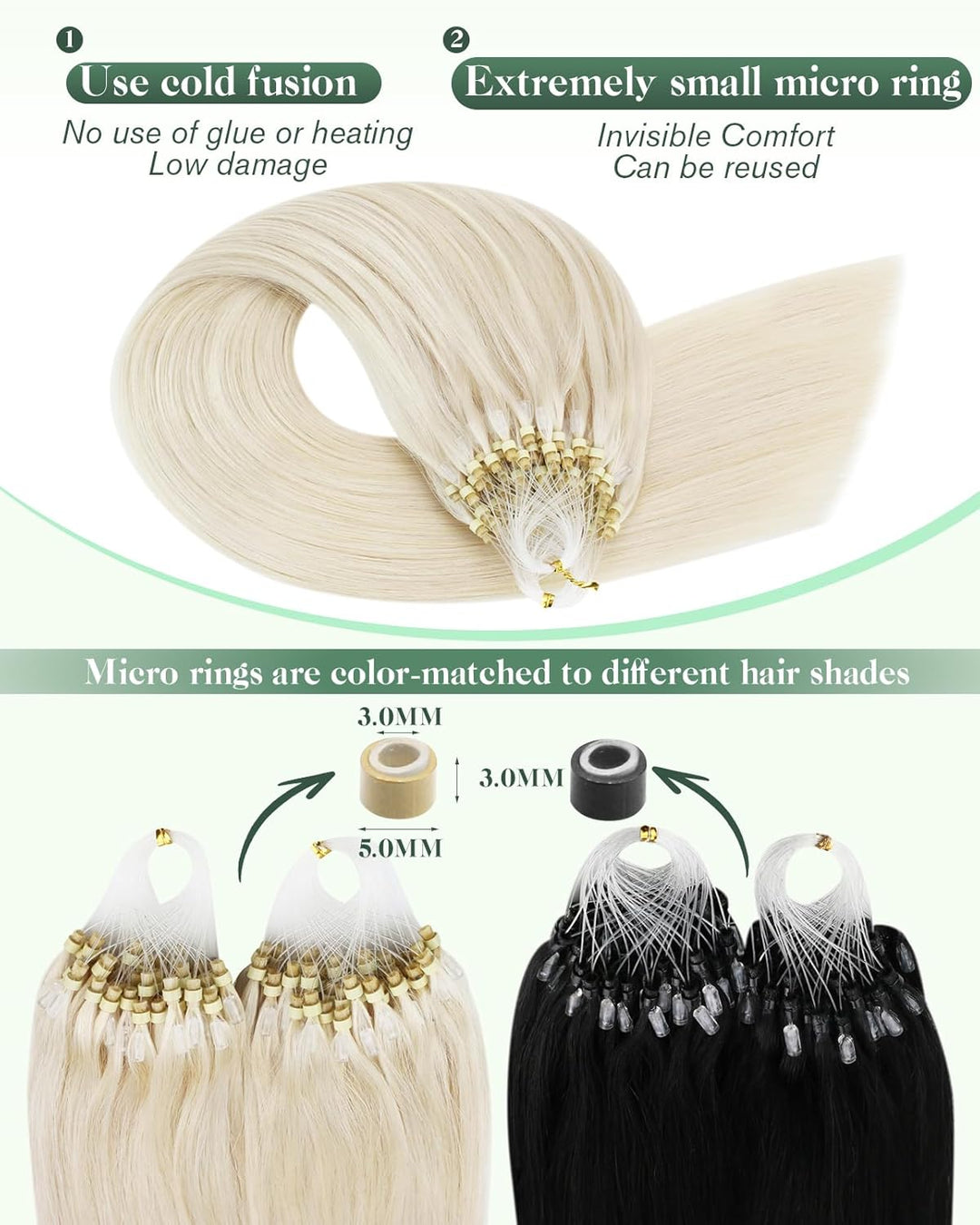 Ugeat Micro Ring Extensions Echthaar Blond 40 cm Extensions Echthaar Microring Platinblond Remy Haar