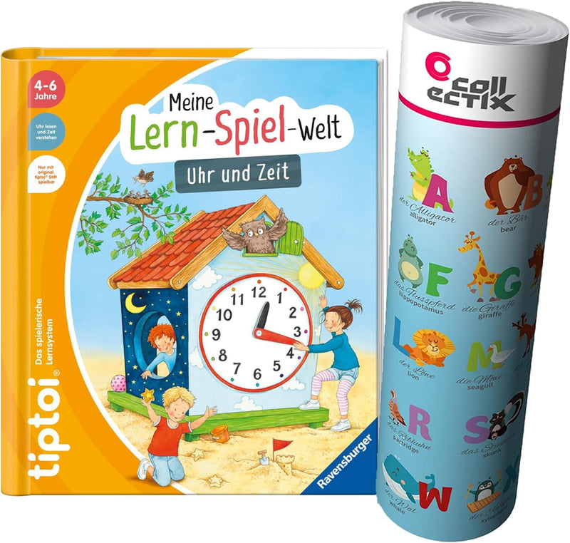 Ravensburger tiptoi Buch - Mein Lern-Spiel-Abenteuer | Uhr und Zeit + Kinder ABC Buchstaben Poster |